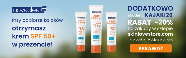 Novaclear Urban Sunblock SPF 50+ w prezencie przy odbiorze kajaków. Dodatkowo z kodem KAJAKI26 rabat -20% na zakupy w sklepie skinlovestore.com