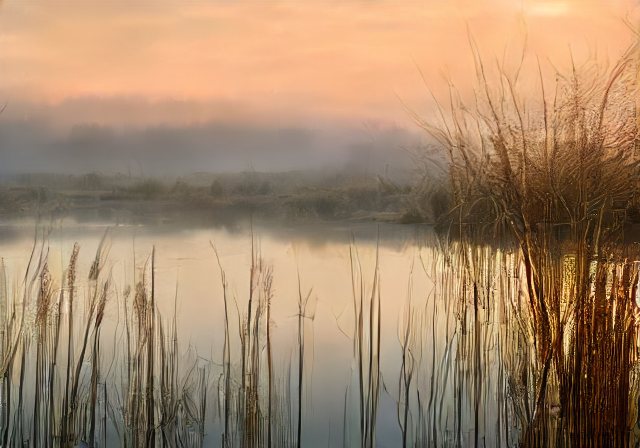Mgła i szuwary nad stawem o świcie
