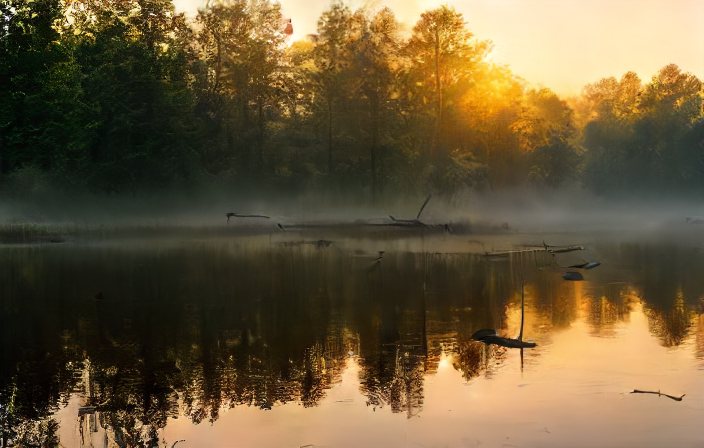 Łowisko Selwa — mgła nad stawem o wschodzie słońca